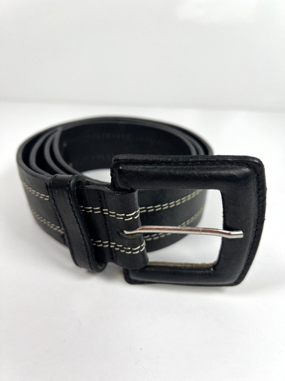 Talbots Made in Italy Black Leather 1.75” Belt XL White Top Stitching Statement